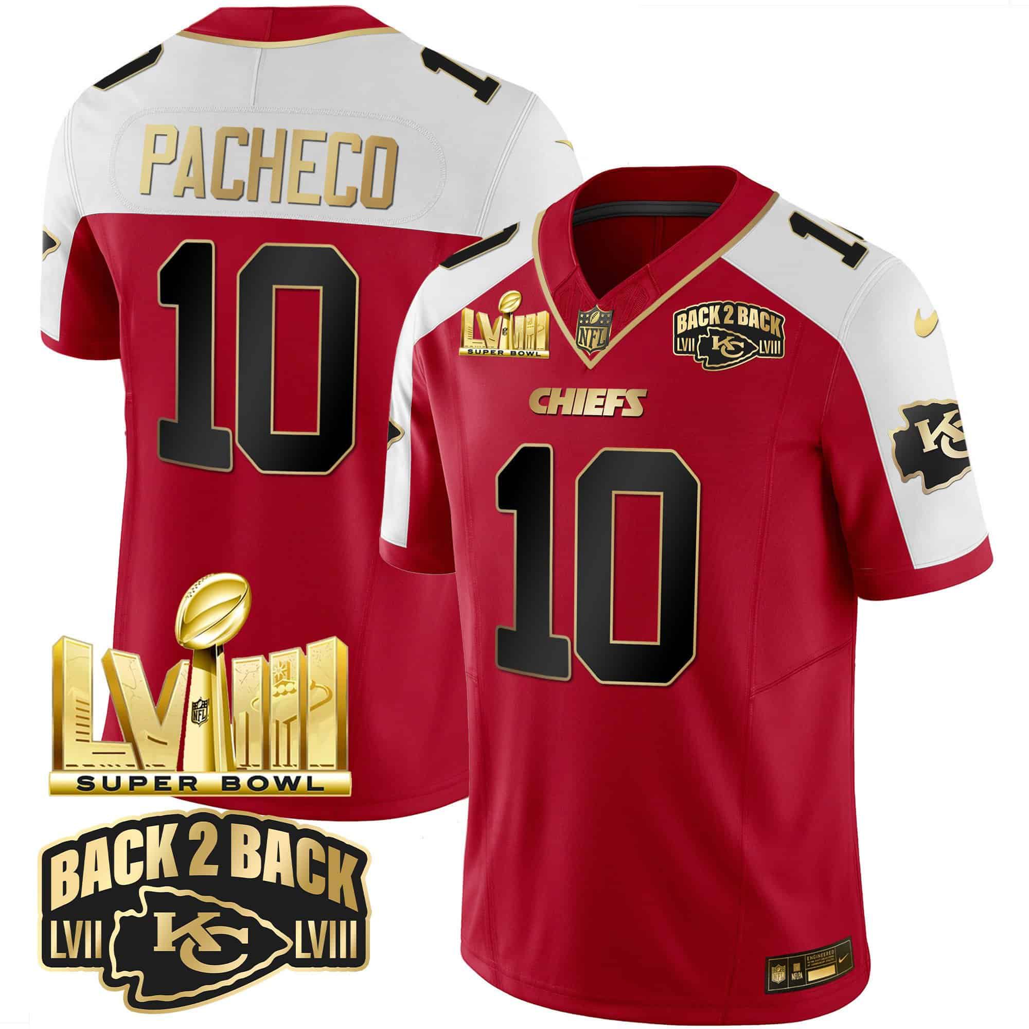 Men Kansas City Chiefs #10 Pacheco Red 2024 Nike Super Bowl LVIII & Back-2-Back Gold Patch Vapor NFL Jersey